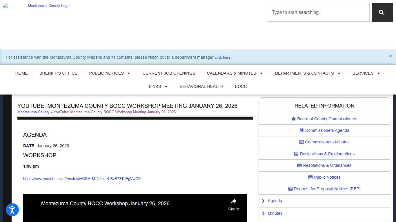YouTube: Montezuma County BOCC Workshop Meeting January 26, 2026 <